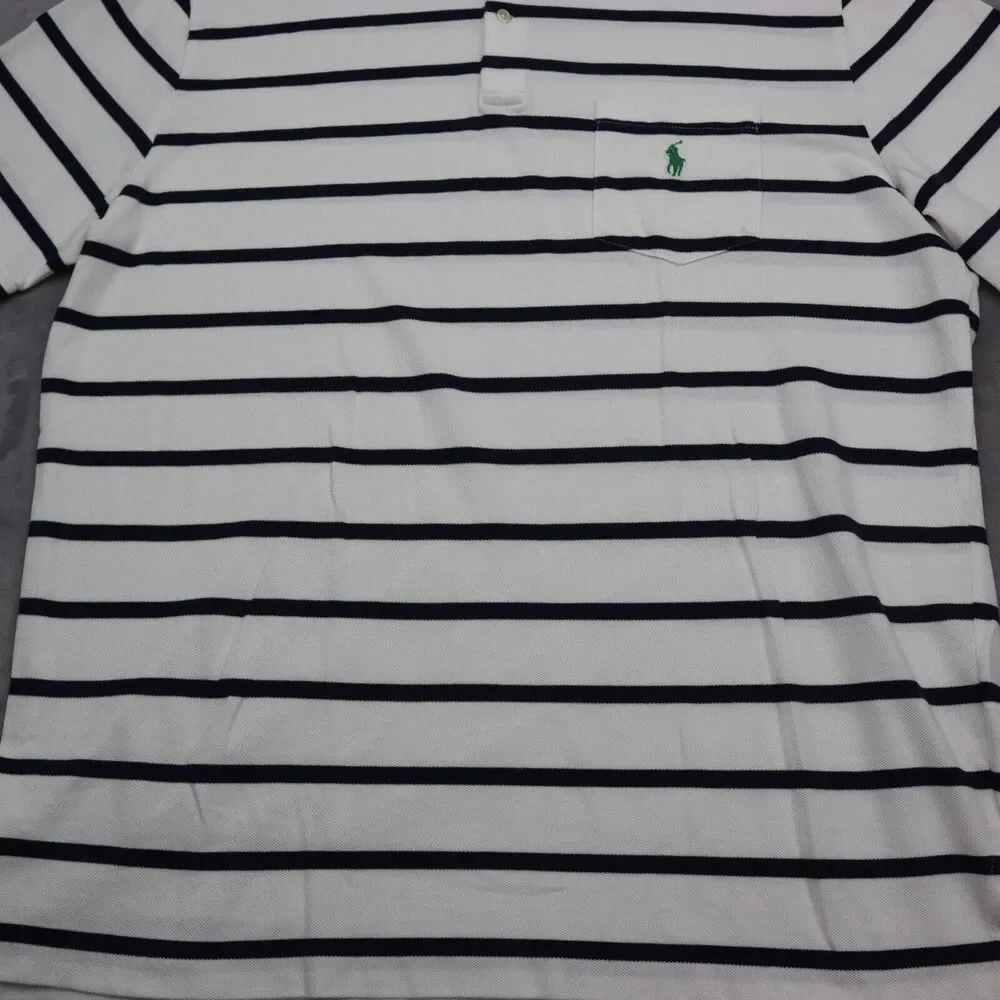 Polo Ralph Lauren Shirt Mens XL White Blue Rugby Golf Striped Short Sleeve
